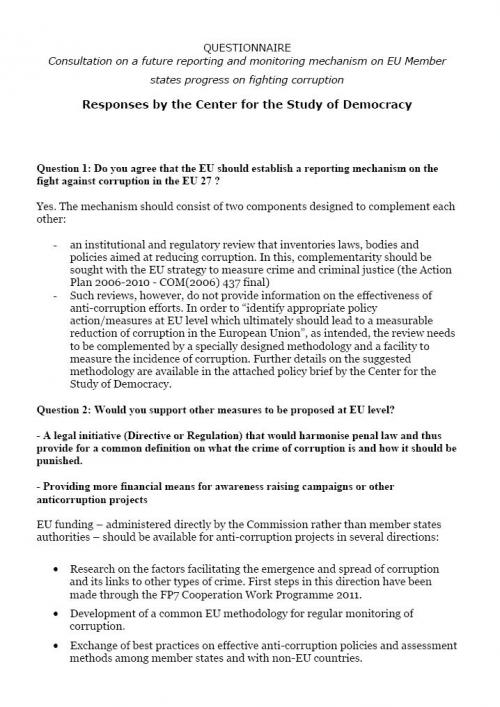 CSD Contribution to the EU Consultation on a future reporting and monitoring mechanism on EU Member states progress on fighting corruption