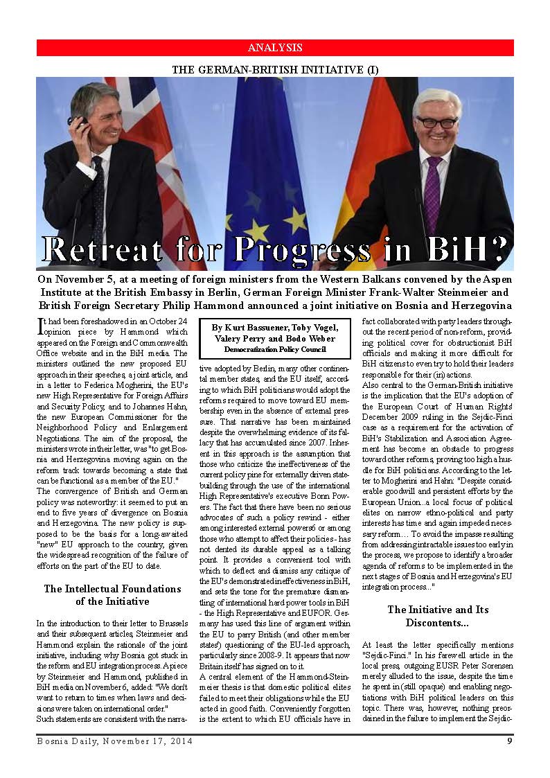 DPC BOSNIA DAILY: Retreat for Progress in BiH?