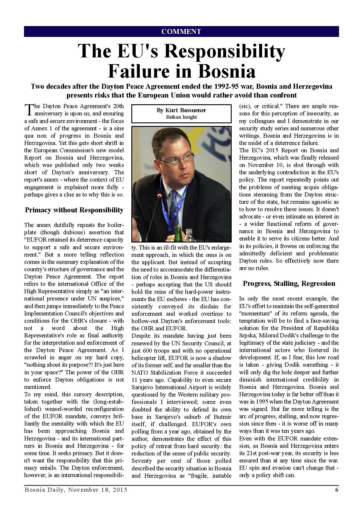 DPC BOSNIA DAILY: The EU's Responsibility Failure in Bosnia